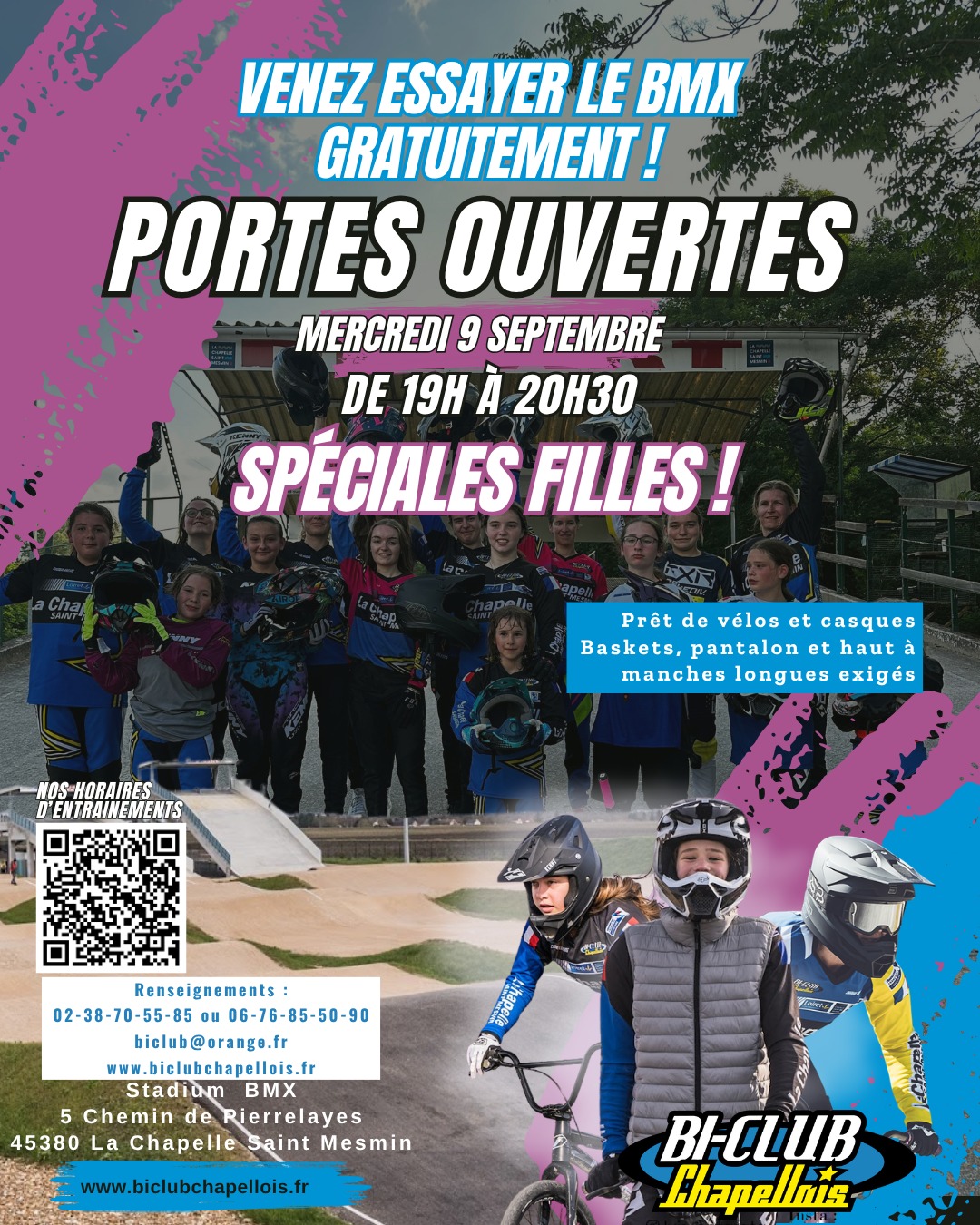 🚲 PORTES OUVERTES 100% FÉMININES 🚲
Venez essayer le BMX dans un groupe 100% féminin ! 🤩
Venez avec un haut à manches longues, un pantalon et une paire de chaussures ! On s'occupe du reste 😎
On se donne rendez-vous au Stadium BMX de La Chapelle Saint Mesmin mercredi 9 septembre de 19h à 20h30 !