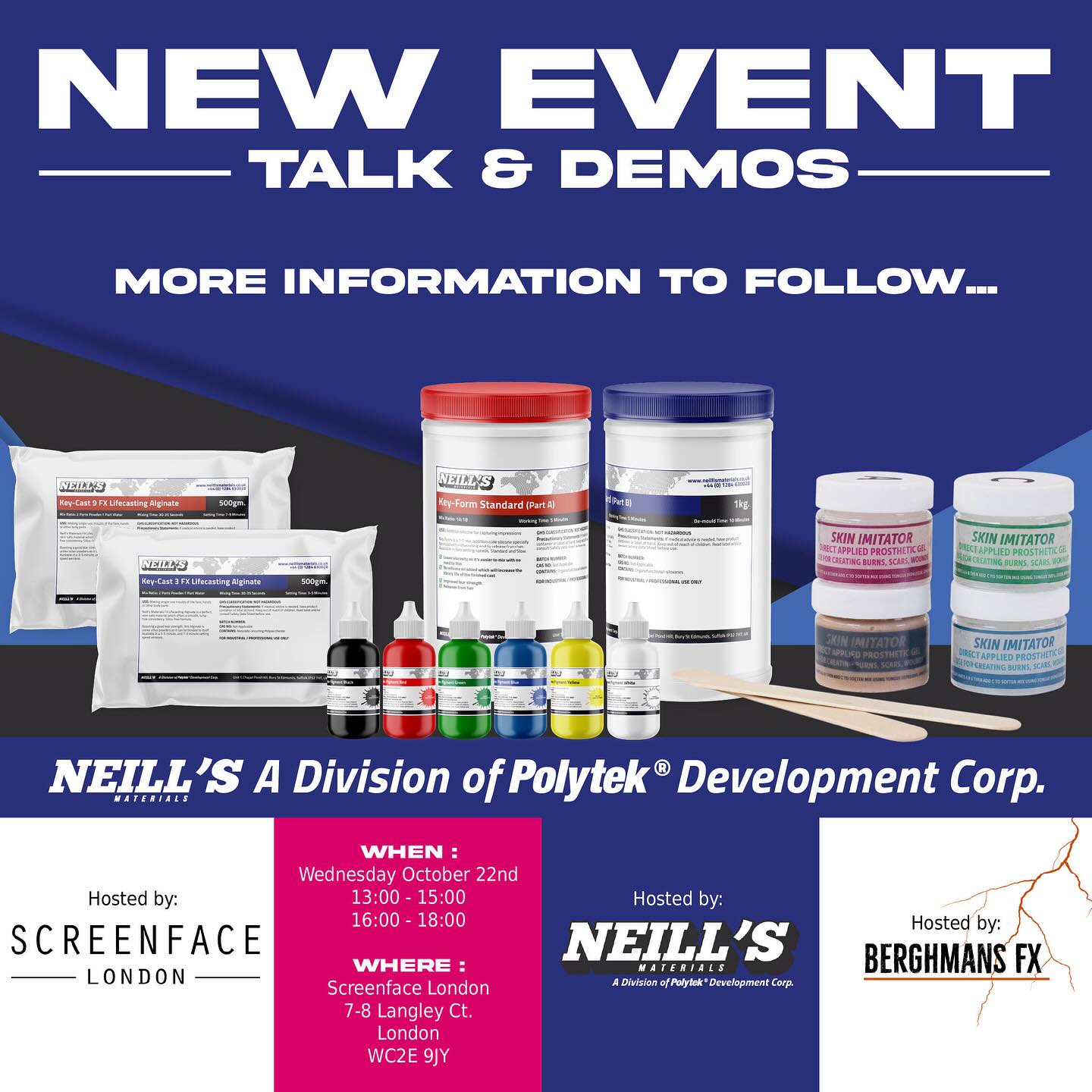 🎭 FX Fans, This One’s for You! 🎭
Join us at Screenface London on 22nd October for a hands-on experience with Neill’s Materials, Screenface and Berghmans FX, and the incredible Skin Imitator! 💥
🕐 Choose your slot:
1️⃣ 1–3pm
2️⃣ 4–6pm
📧 Book now by emailing: shop@screenface.com
(Include your name + preferred time slot!)
✨ What’s happening?
🔹 Live demos using Skin Imitator
🔹 Prosthetic application with the new Polytek platinum silicone adhesive
🔹 Q&A
🔹 Play time with the products (time permitting!)
🔹 Goody bags 🛍️
🔹 Snacks & refreshments to keep you going 🍪
💭 FX lovers, don’t miss this! Limited slots—grab yours before they’re gone!