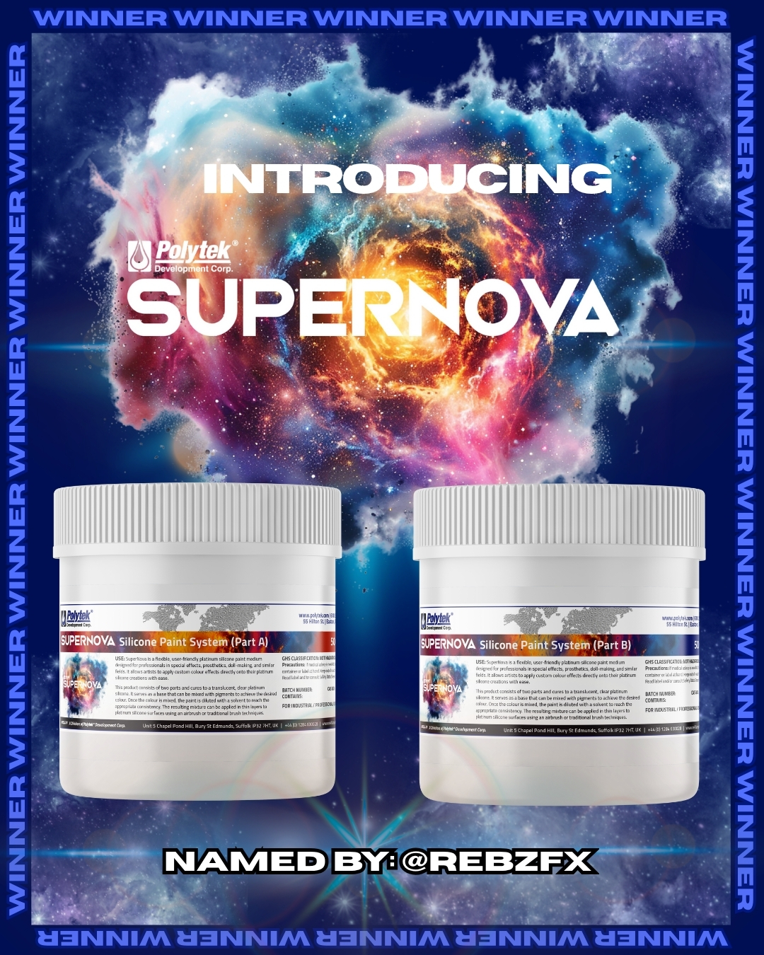 We put the call out for help naming the new Polytek silicone paint system, and you DELIVERED 💥
Introducing: 
🍾 SUPERNOVA SILICONE PAINT SYSTEM 🍾
HUGE congratulations to @rebzfx! Thanks for the cracking nomination!! 😍
Crafted for performance. Designed with your input. Stay tuned for the full reveal! We are SO excited 😁
#Polytek #SiliconePaintSystem #MadeWithYou #MoldMaking #SpecialFX #Props #CreativeCommunity
