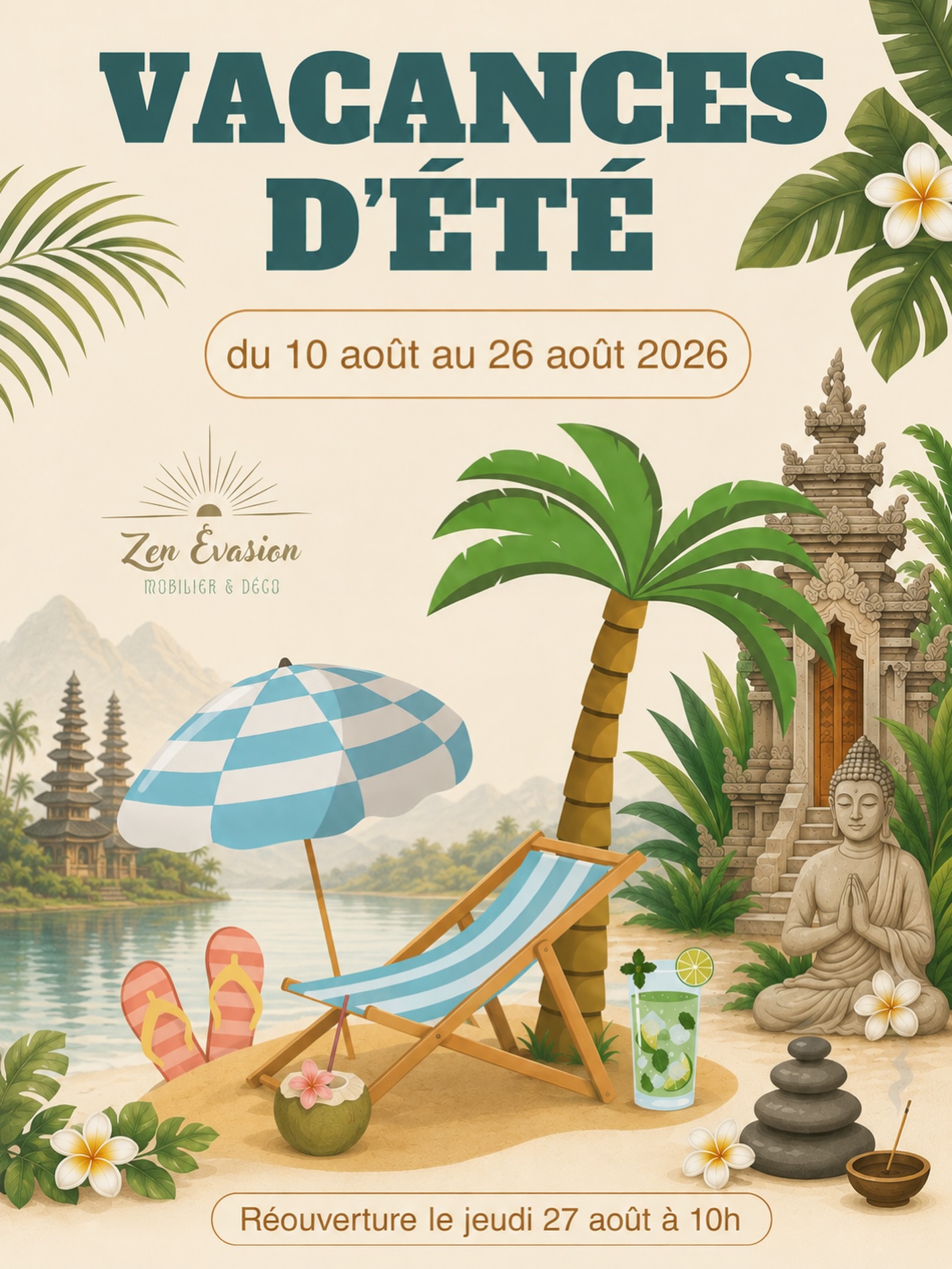 🌴 Petite pause estivale chez Zen Évasion ! ☀️
Nous serons fermés du 10 au 26 août 2026.
✨ Réouverture le jeudi 27 août à 10h.
Bel été à tous et à très vite ! 🌺🤍 #zenevasion #summer #nancy #ete #vacances